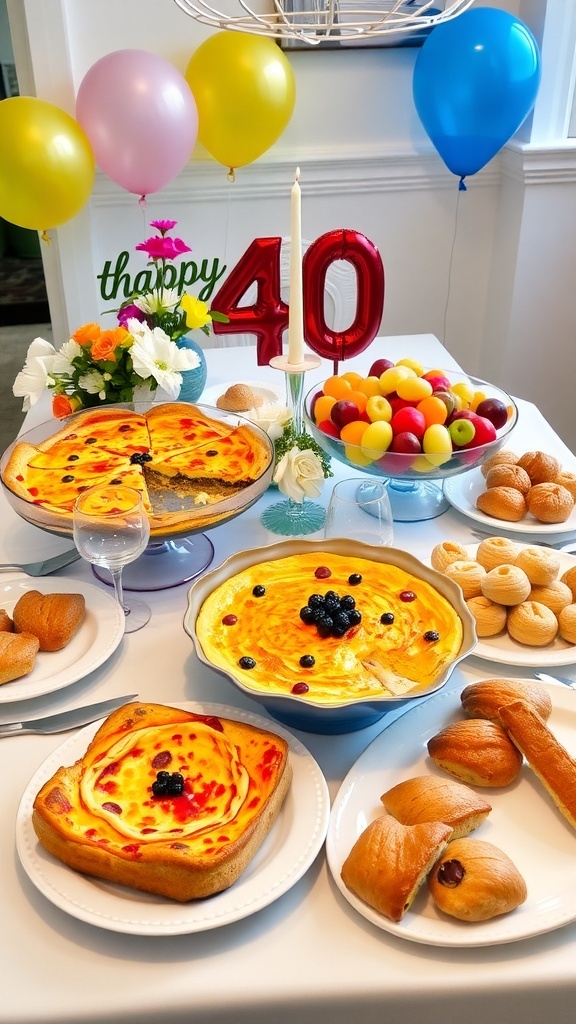 Brunch table with quiche, fruit salad, and pastries for a 40th birthday celebration.